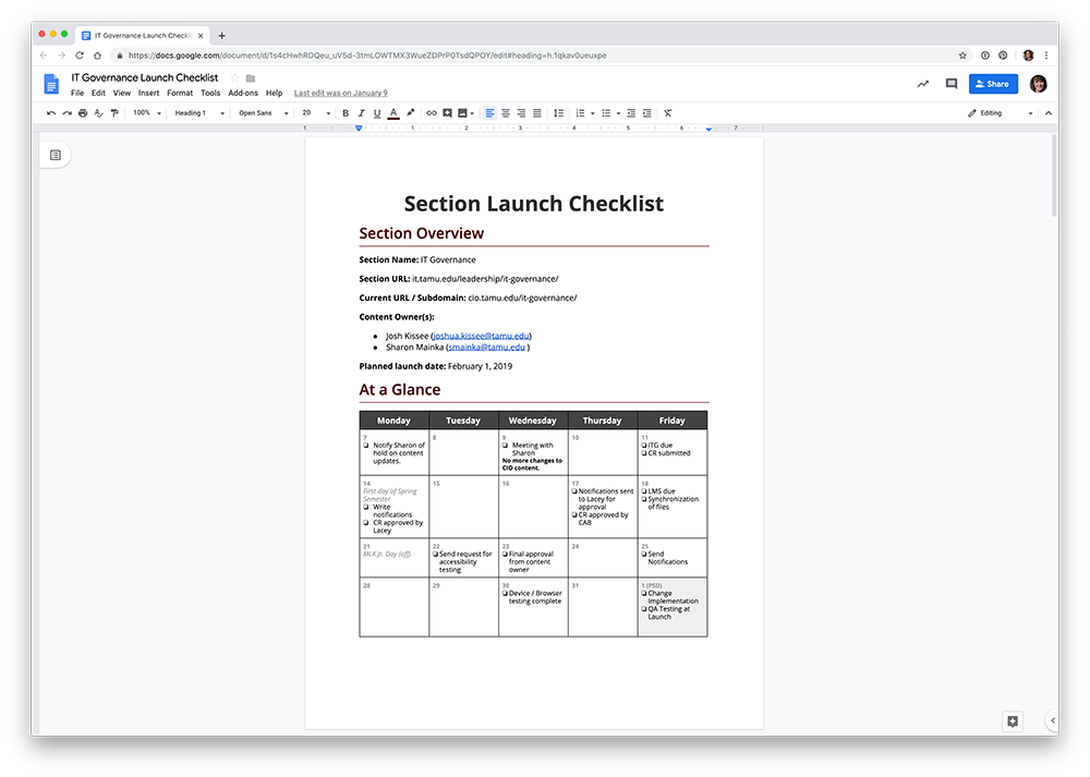 Google Doc with Overview information and a calendar at a glance.