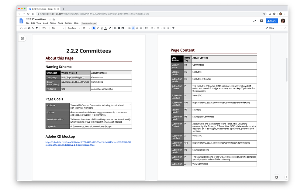 Google Doc with filled with tables for Naming Schema, Page Goals, and Page Content.