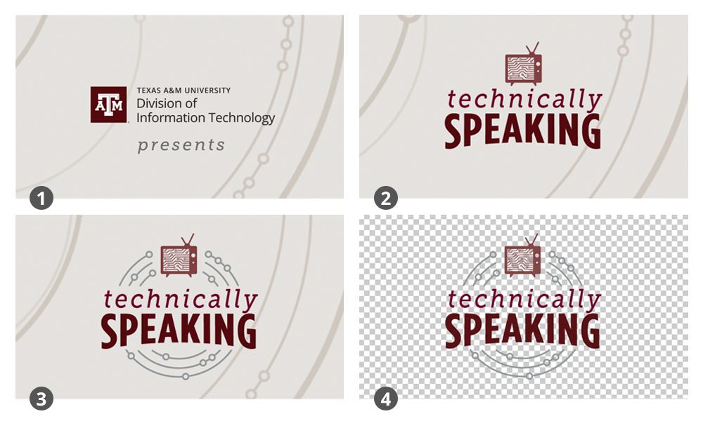 Four slides demonstrating the animation for the opening of the Technically Speaking TV show.
