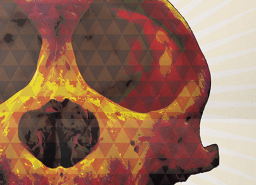 Humanoid-skull stylized with a triangle pattern in bright colors.