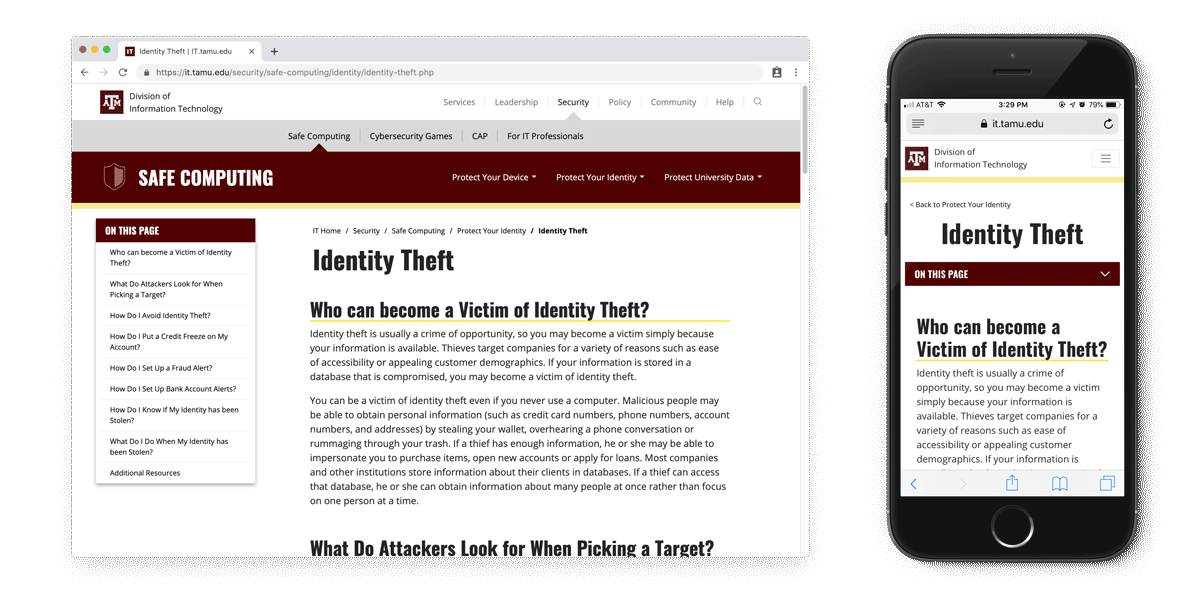A content page on the website details ways to protect yourself against identity theft.