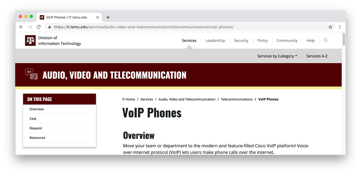 An icon showing a video camera and a phone inside of overlapping speech bubbles is next to the "microsite" title "Audio, Video and Telecommunication"