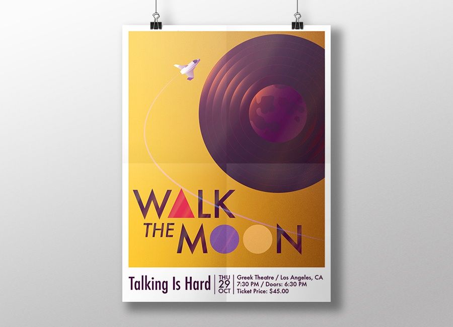 Poster for band Walk the Moon with a small spacecraft orbiting a record with a moon in the center.