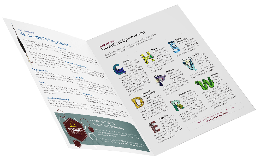Inside spread the newsletter shows nine cybersecurity vocabulary words with an illustration.